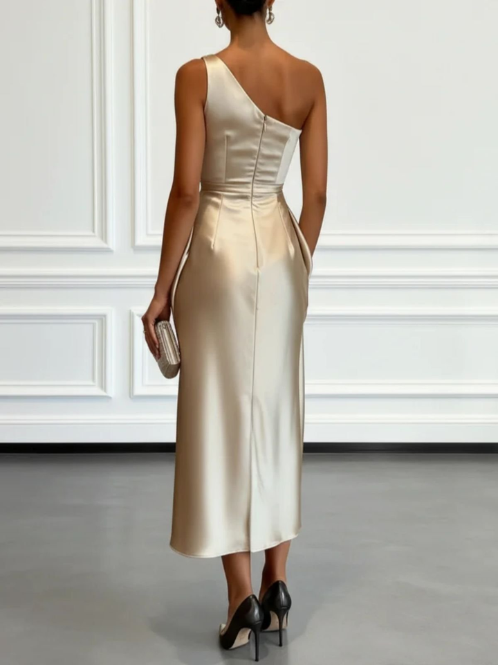 Caille - Champagne Satin One-shoulder Sleeveless Ruffled Midi Dress