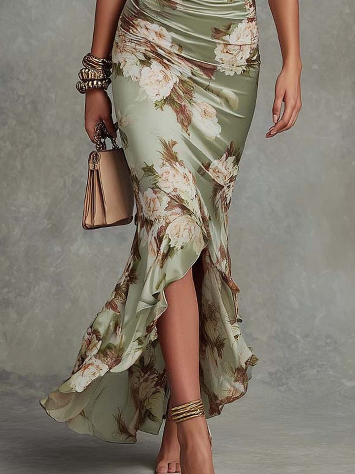 Anastasia | Asymmetrical Long Green Satin Dress