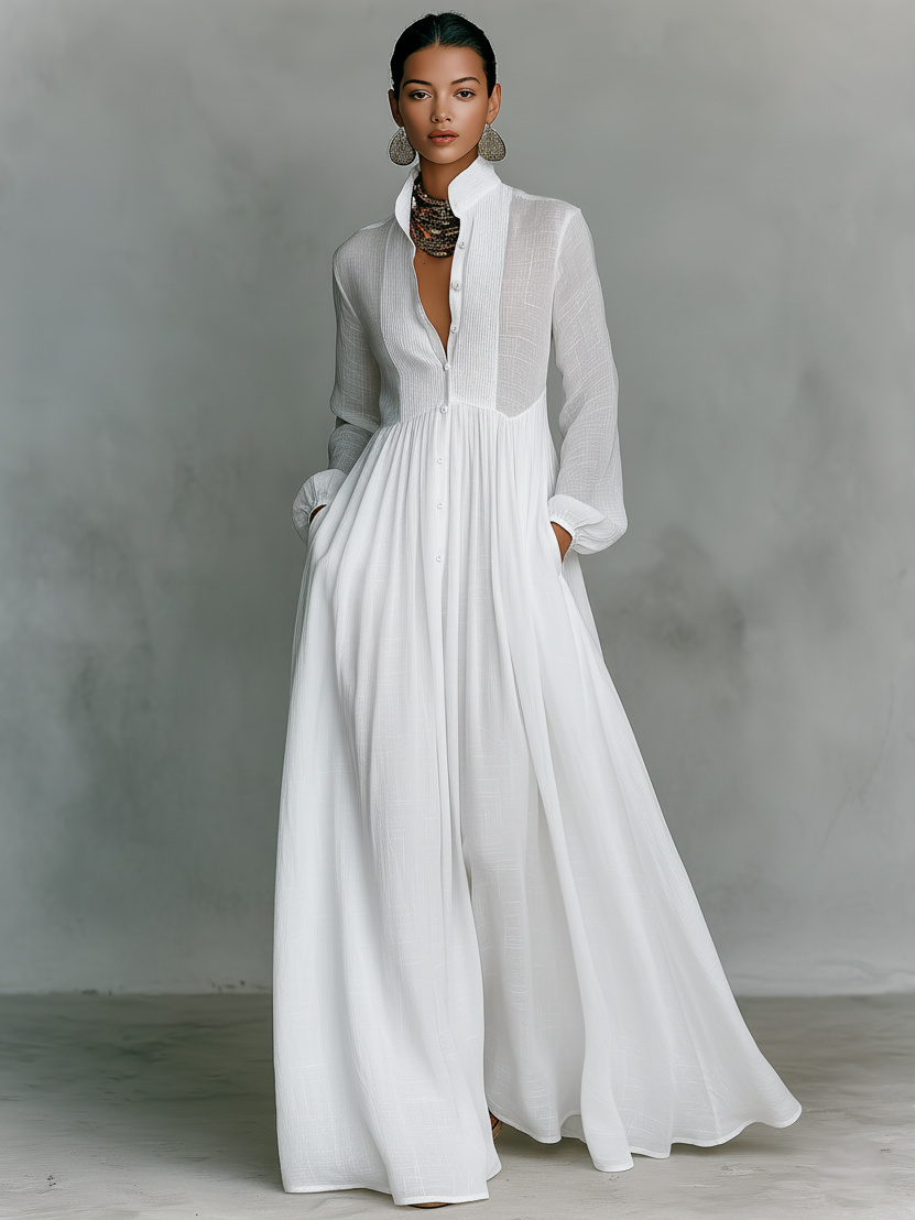 Patchwork Linen Maxi Dress with Stand Collar