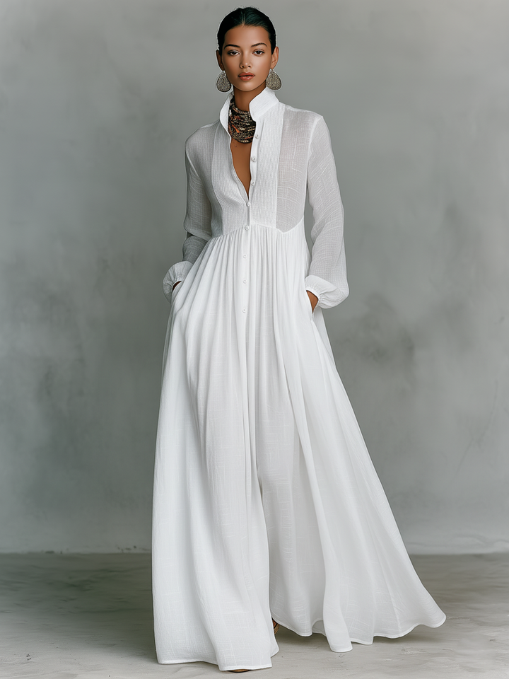 Patchwork Linen Maxi Dress with Stand Collar