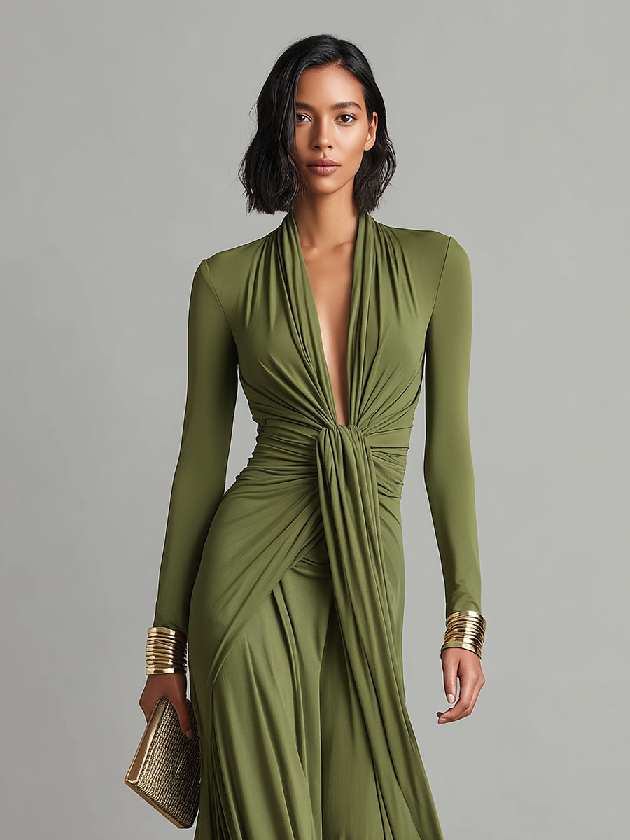 Olive Silk Maxi Dress V-Neck