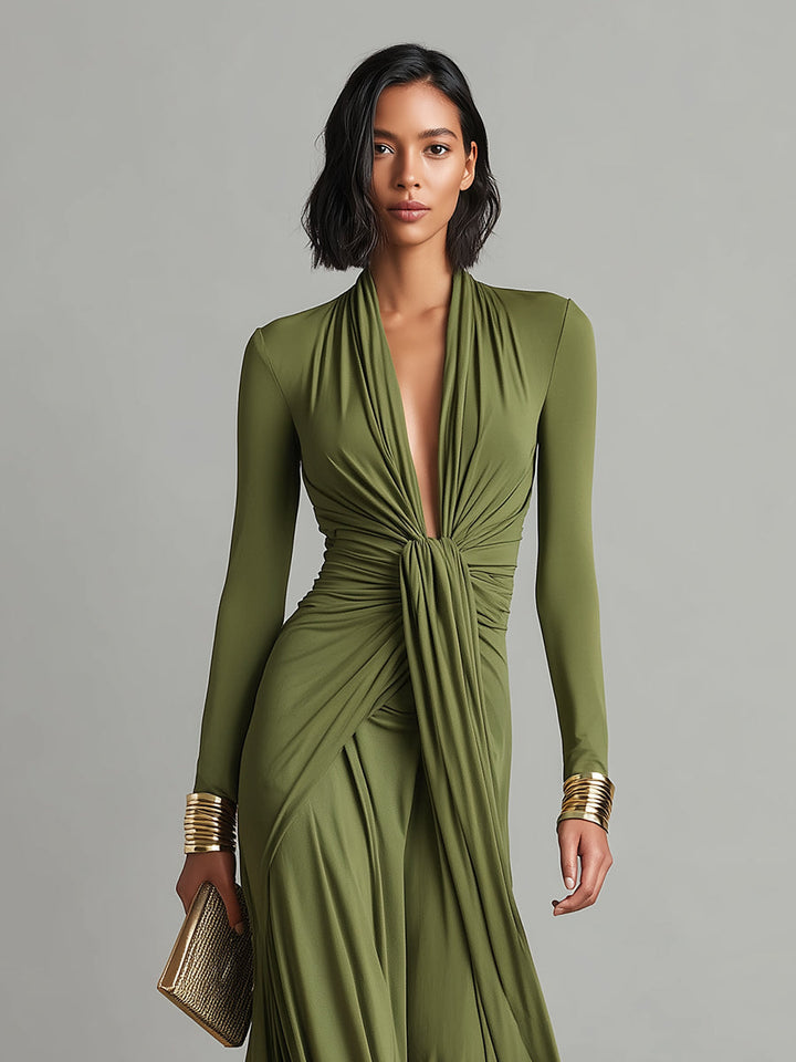 Olive Silk Maxi Dress V-Neck
