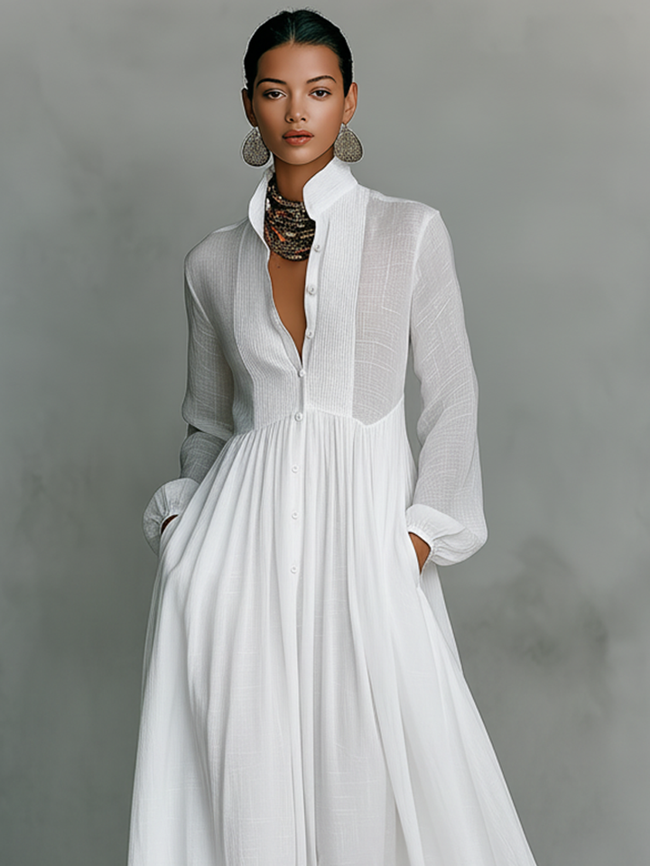 Patchwork Linen Maxi Dress with Stand Collar