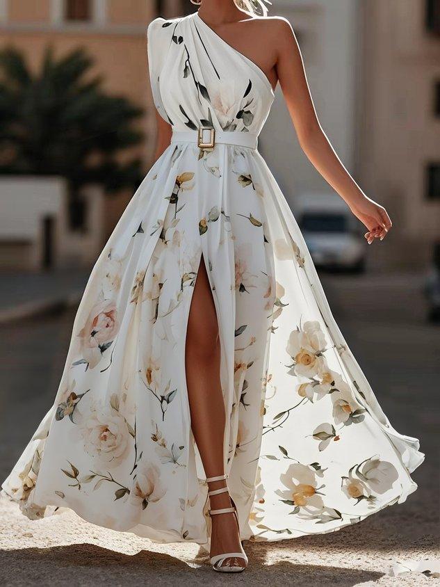 Sella - Ruched One Shoulder A-Line Maxi Chiffon Dress
