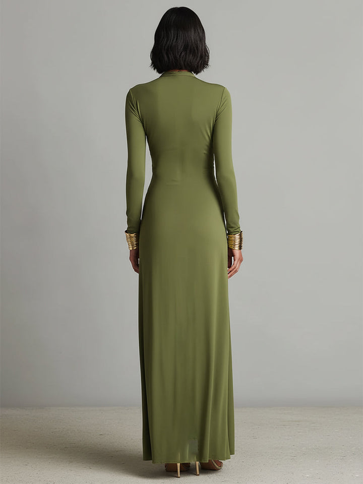 Olive Silk Maxi Dress V-Neck