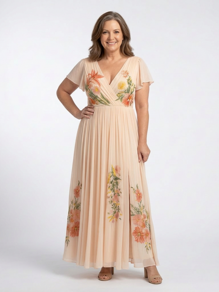 Calista | V-Neck Short Sleeve Pleated Maxi Dress