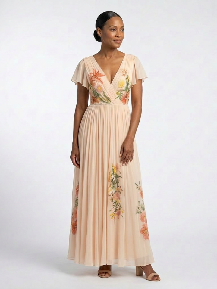 Calista | V-Neck Short Sleeve Pleated Maxi Dress