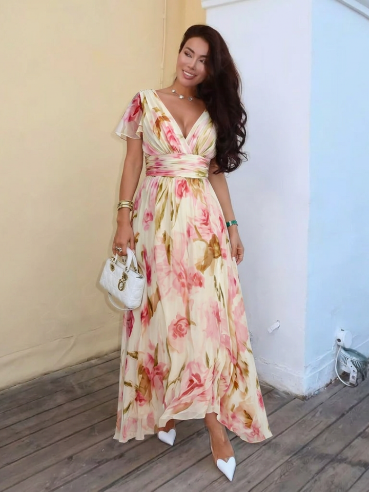 Elara | V-Neck Short Sleeve Floral Dress