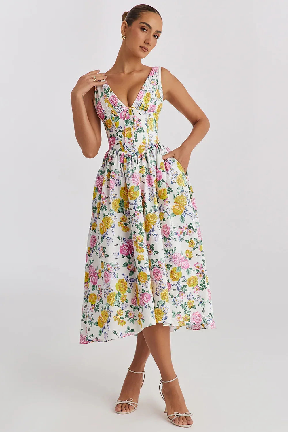 Ariana - V Neck Corset Flare Midi Dress