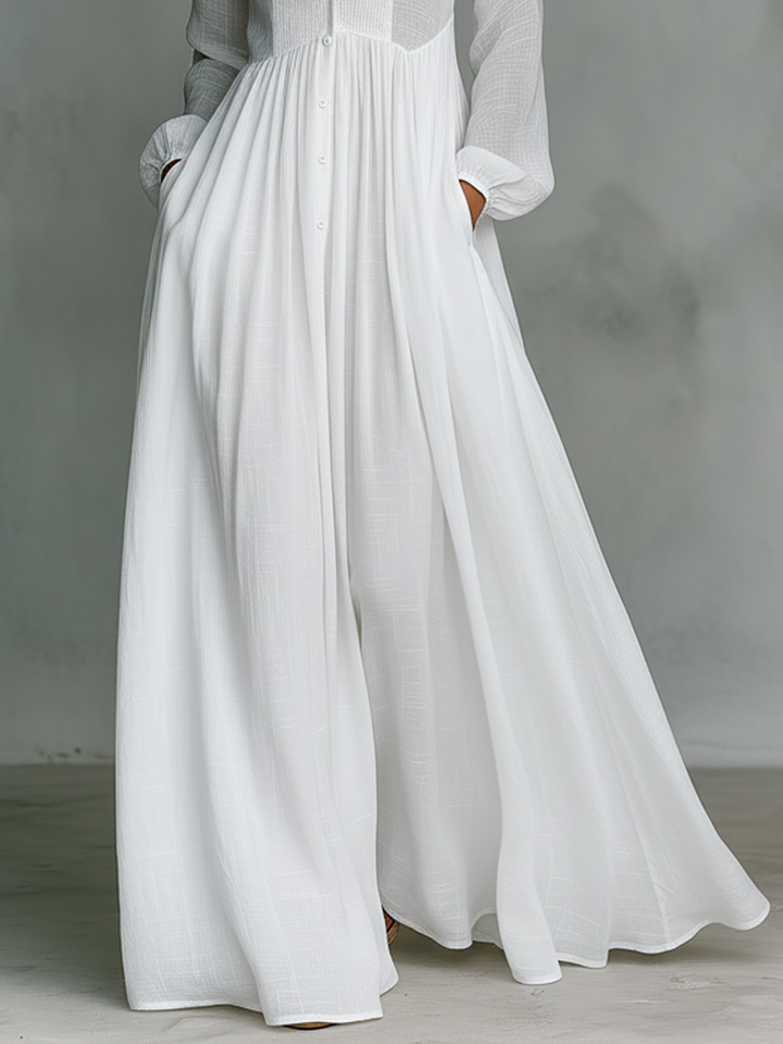 Patchwork Linen Maxi Dress with Stand Collar