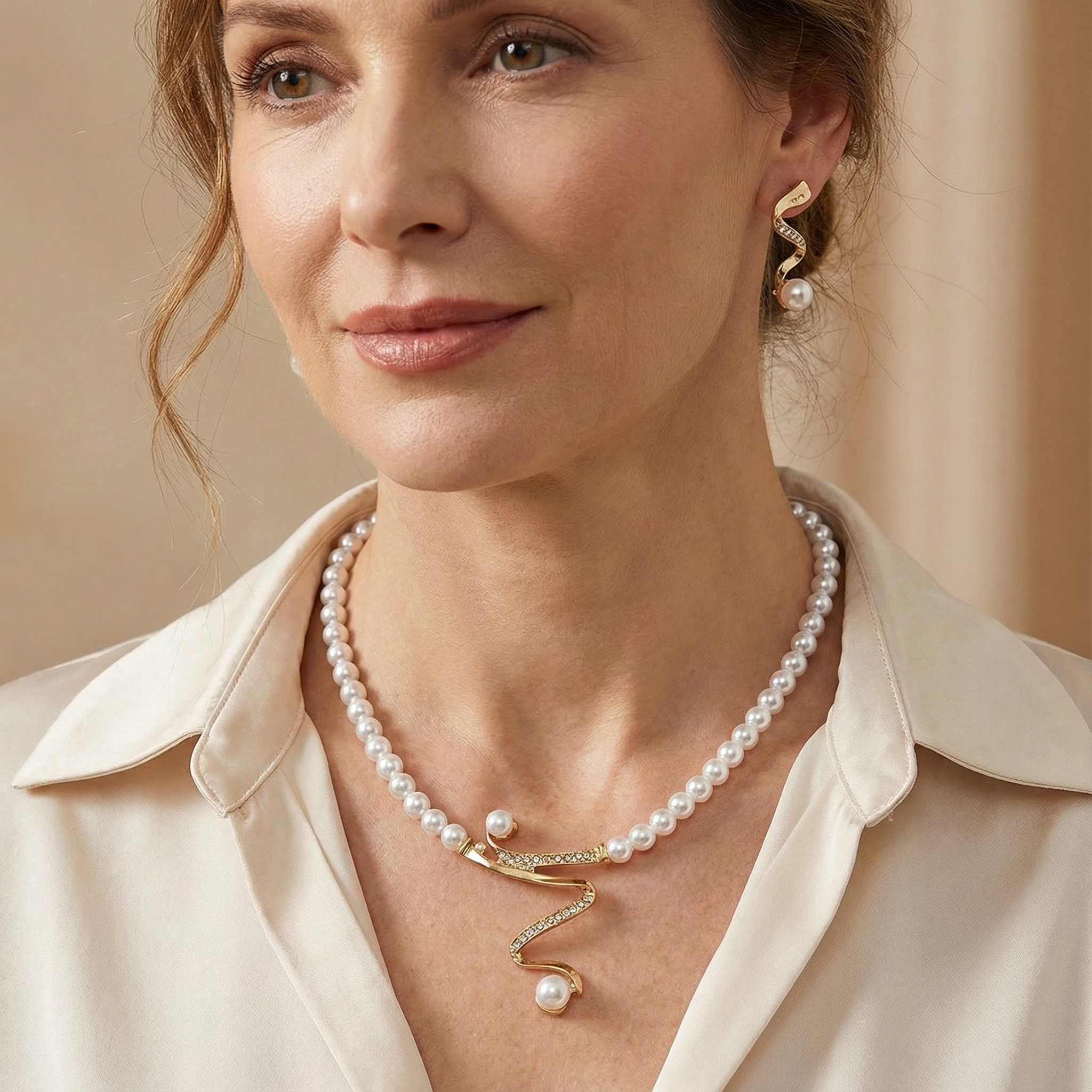 Set med halsband och örhängen i naturpärlor