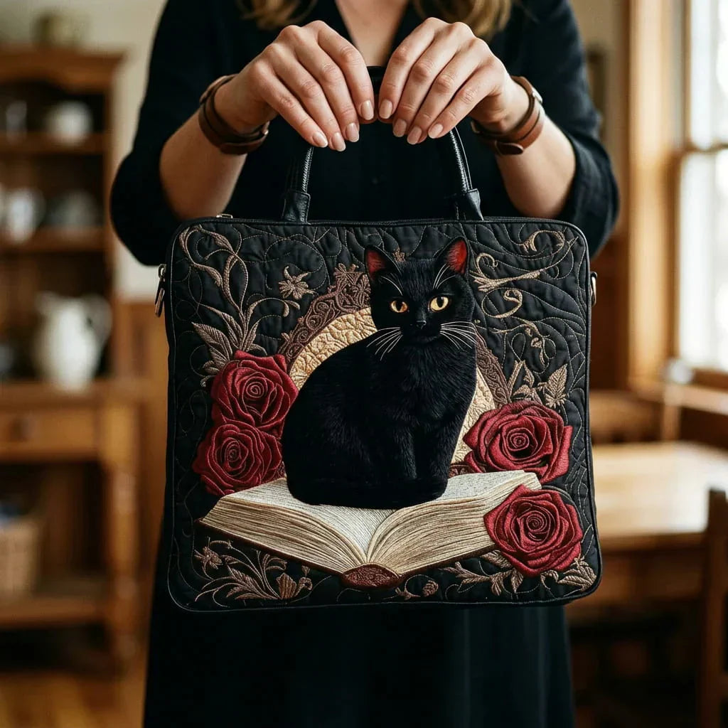 Handgjord quiltad väska – Svart katt på böckerna