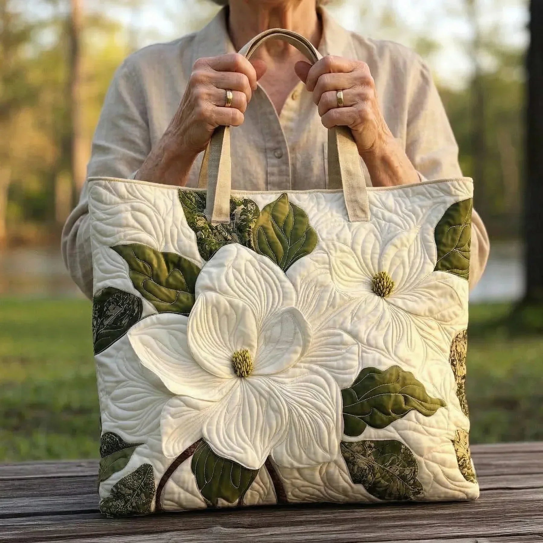 Handgjord quiltad väska – Eleganta vita liljor
