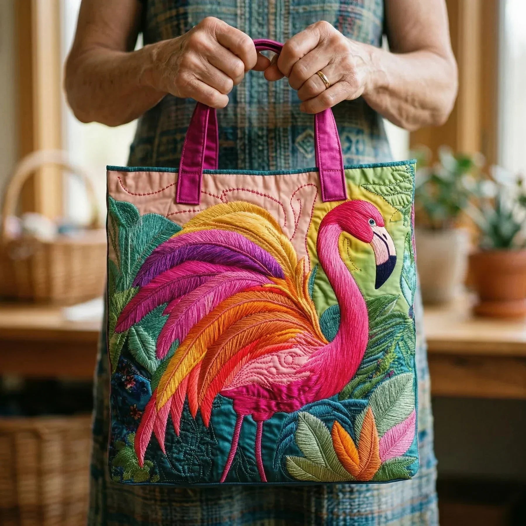 Quiltad väska – Regnbågsflamingo