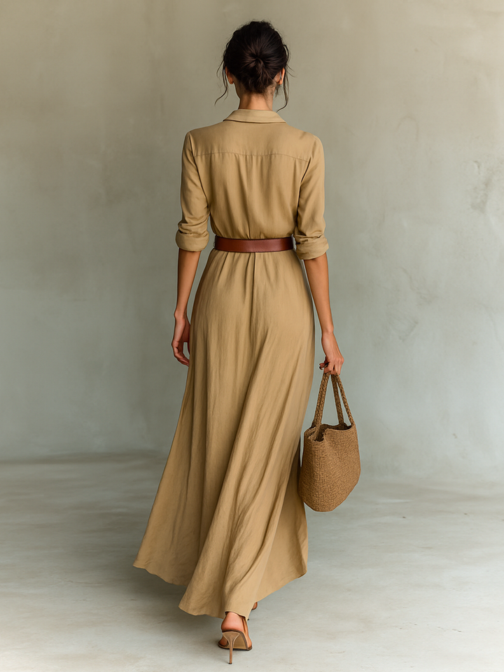 Maxi Dress with Notched Collar and Long Sleeves