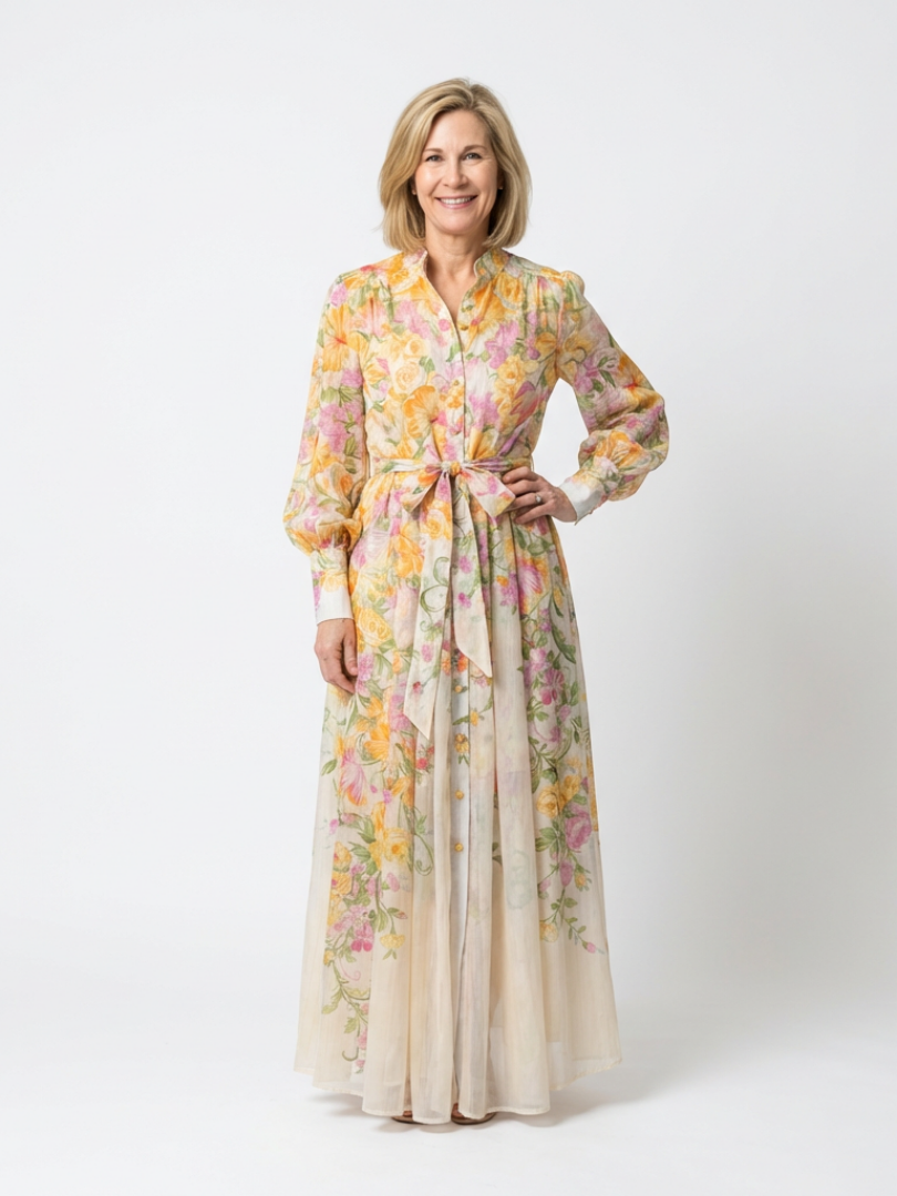 Cressida | Floral, transparent maxi dress with long sleeves