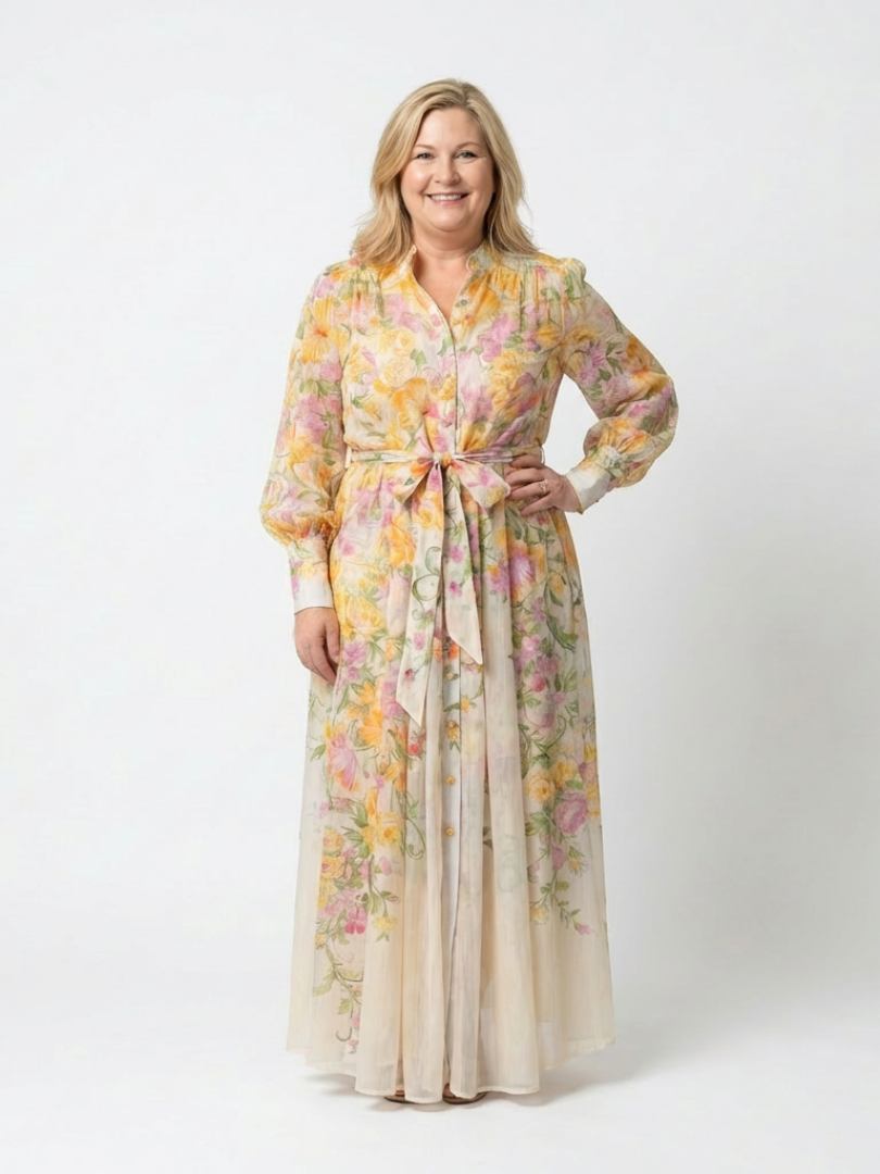 Cressida | Floral, transparent maxi dress with long sleeves