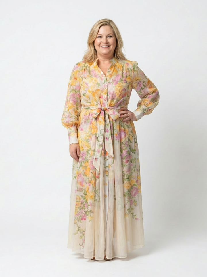 Cressida | Floral, transparent maxi dress with long sleeves