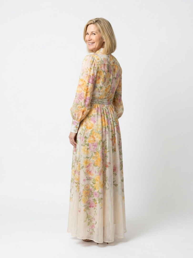Cressida | Floral, transparent maxi dress with long sleeves