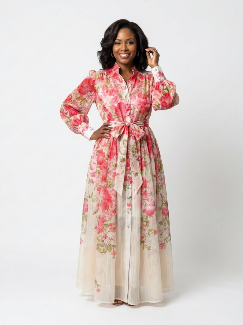 Cressida | Floral, transparent maxi dress with long sleeves