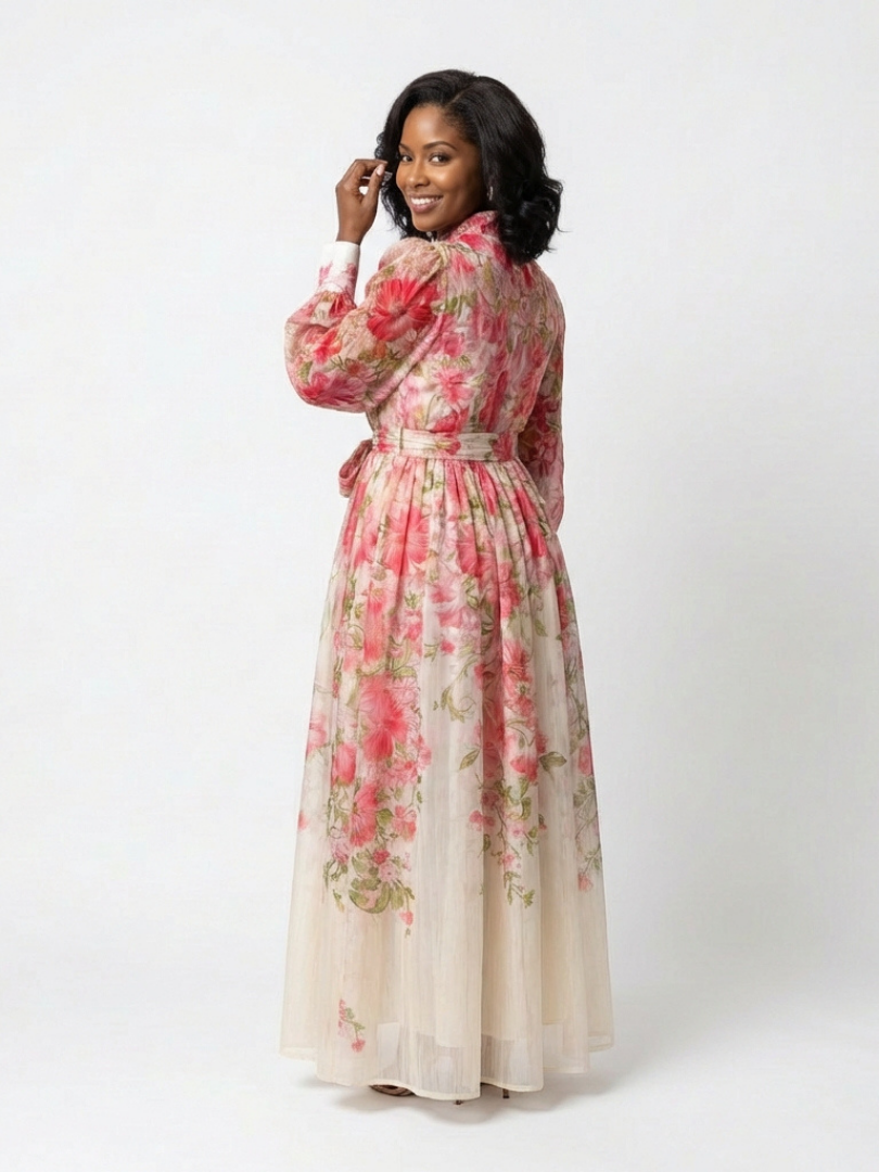 Cressida | Floral, transparent maxi dress with long sleeves
