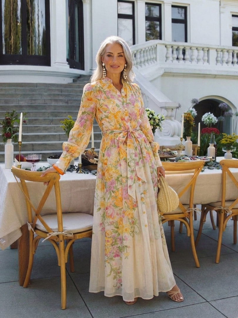 Cressida | Floral, transparent maxi dress with long sleeves