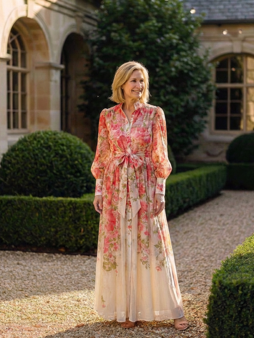 Cressida | Floral, transparent maxi dress with long sleeves