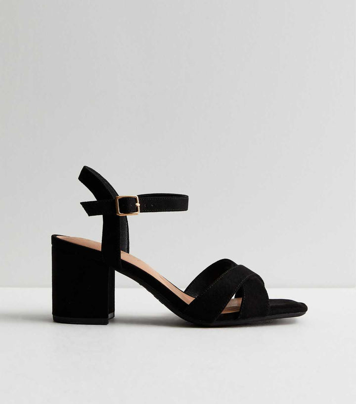 Wide Fit Black Suedette 2 Part Block Heel Sandals | New Look