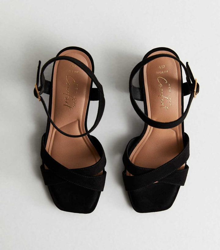 Wide Fit Black Suedette 2 Part Block Heel Sandals | New Look